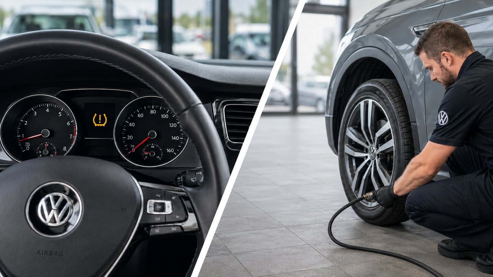 VW TPMS dashboard light and technician filling tires