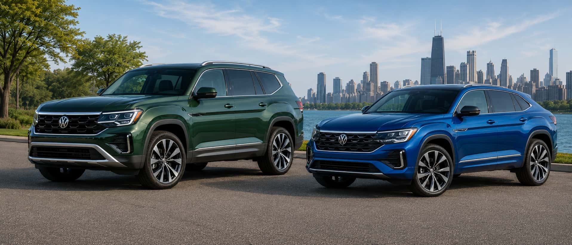 Green VW Atlas and blue VW Atlas Cross Sport with Chicago skyline in background