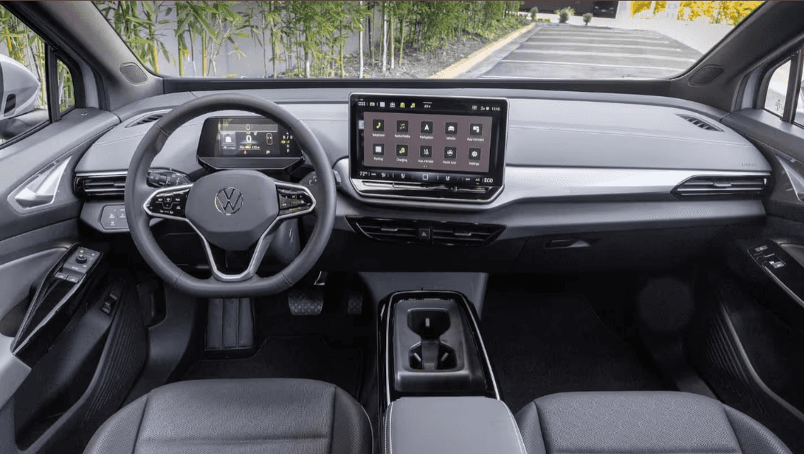 Interior view of 2025 Volkswagen ID.4 showing touchscreen and comfort features