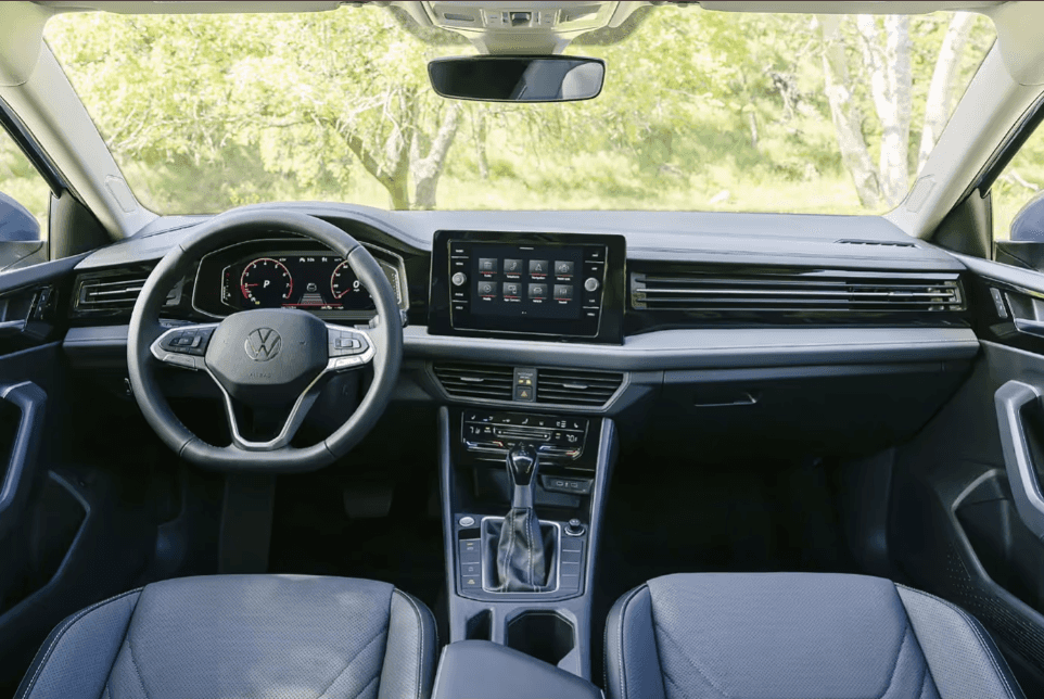 Interior view of 2025 Volkswagen Jetta with premium seating and touchscreen display
