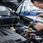 technician pouring motor oil into a Volkswagen engine during a professional oil change service