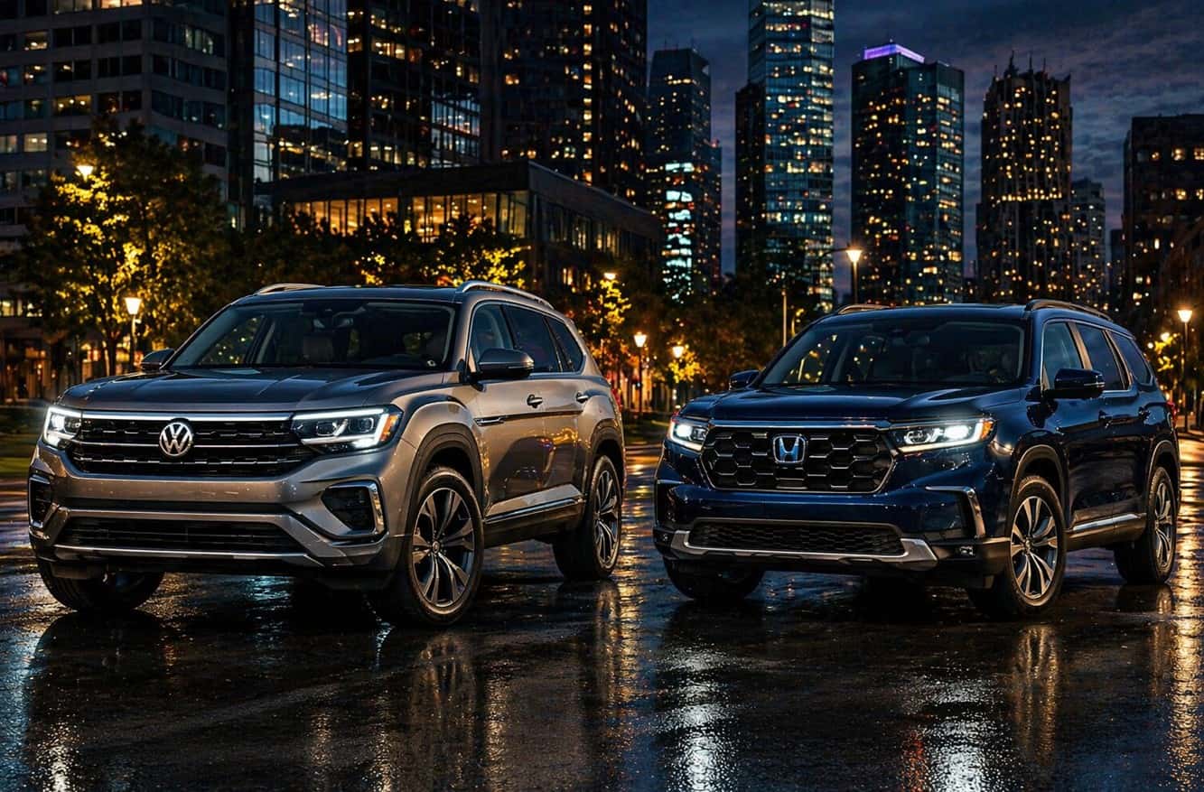 2026 Volkswagen Atlas and Honda Pilot parked in a city at night highlighting design, lighting, and premium SUV styling