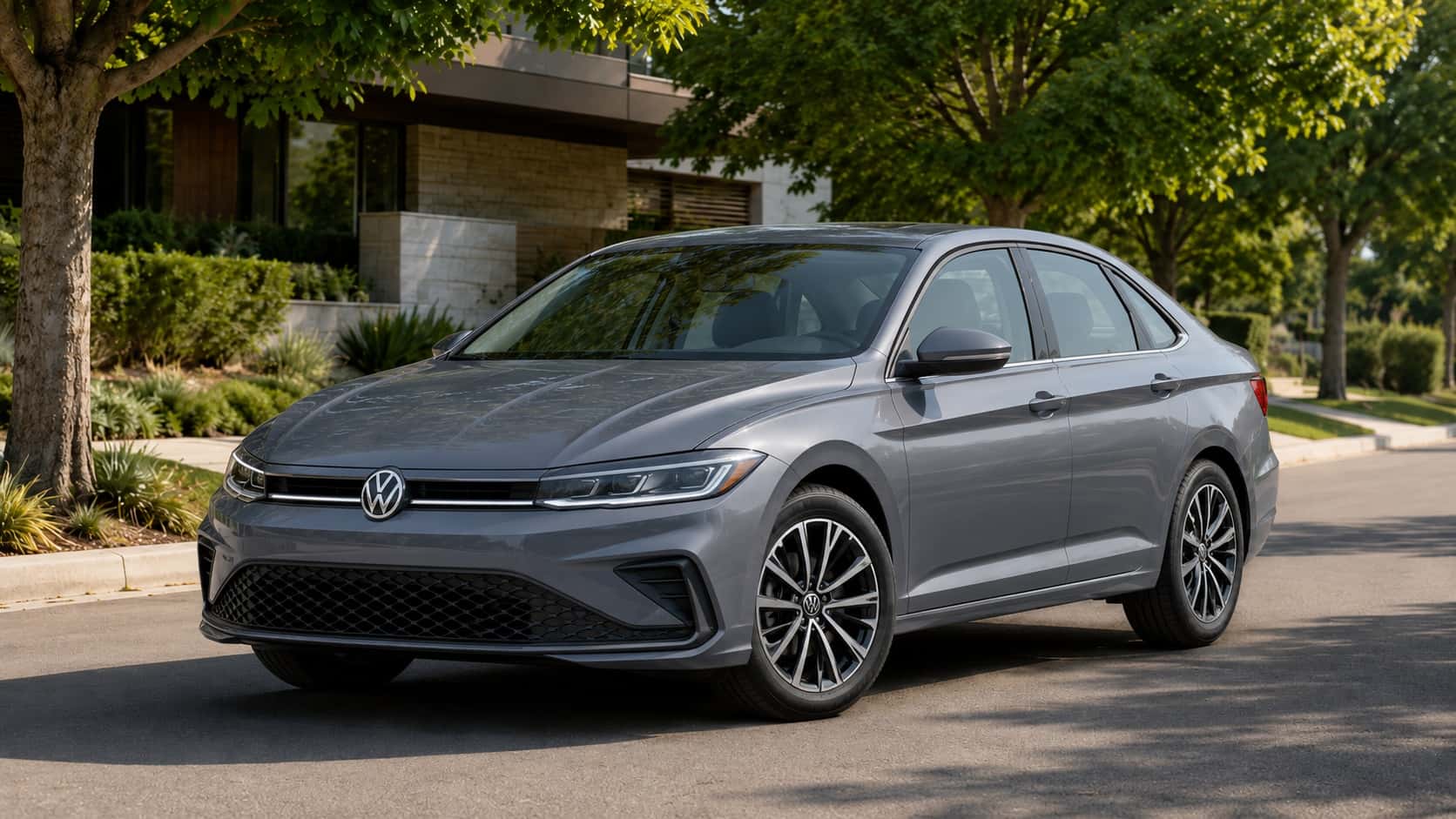 Volkswagen Jetta parked in shaded suburban neighborhood near houses and trees