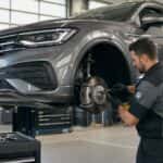 VW mechanic working on brake repair