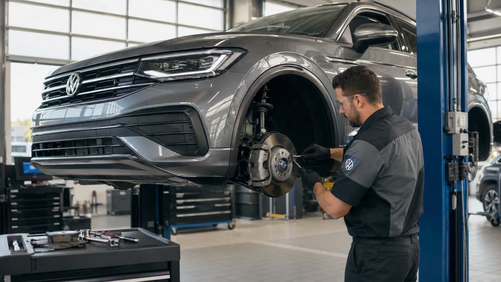 VW mechanic working on brake repair