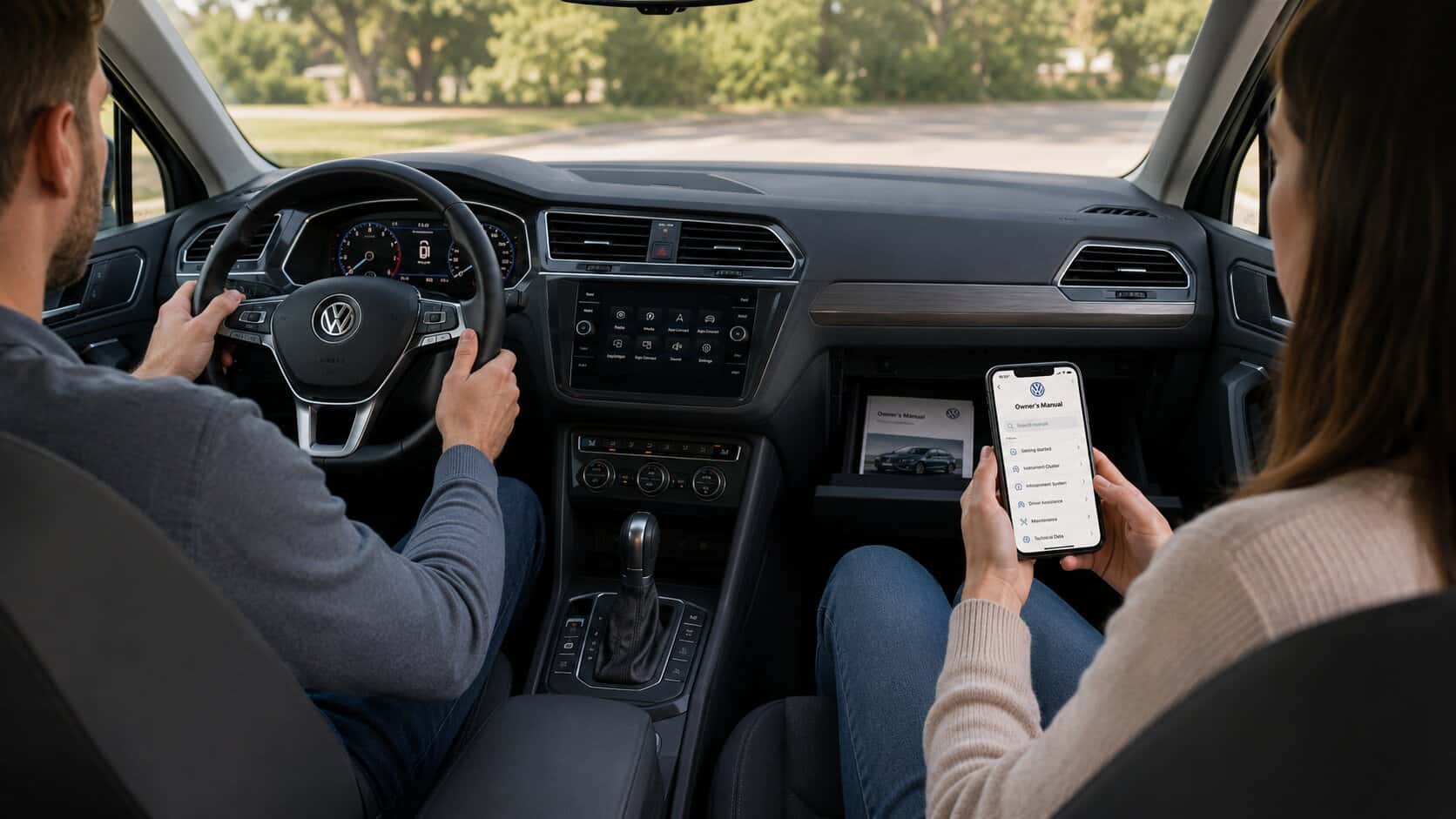 Woman in passenger seat looking up VW owner's manual on her phone