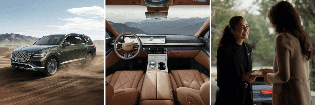 Three images side by side of a dark green Genesis SUV, car interior, and two people interacting