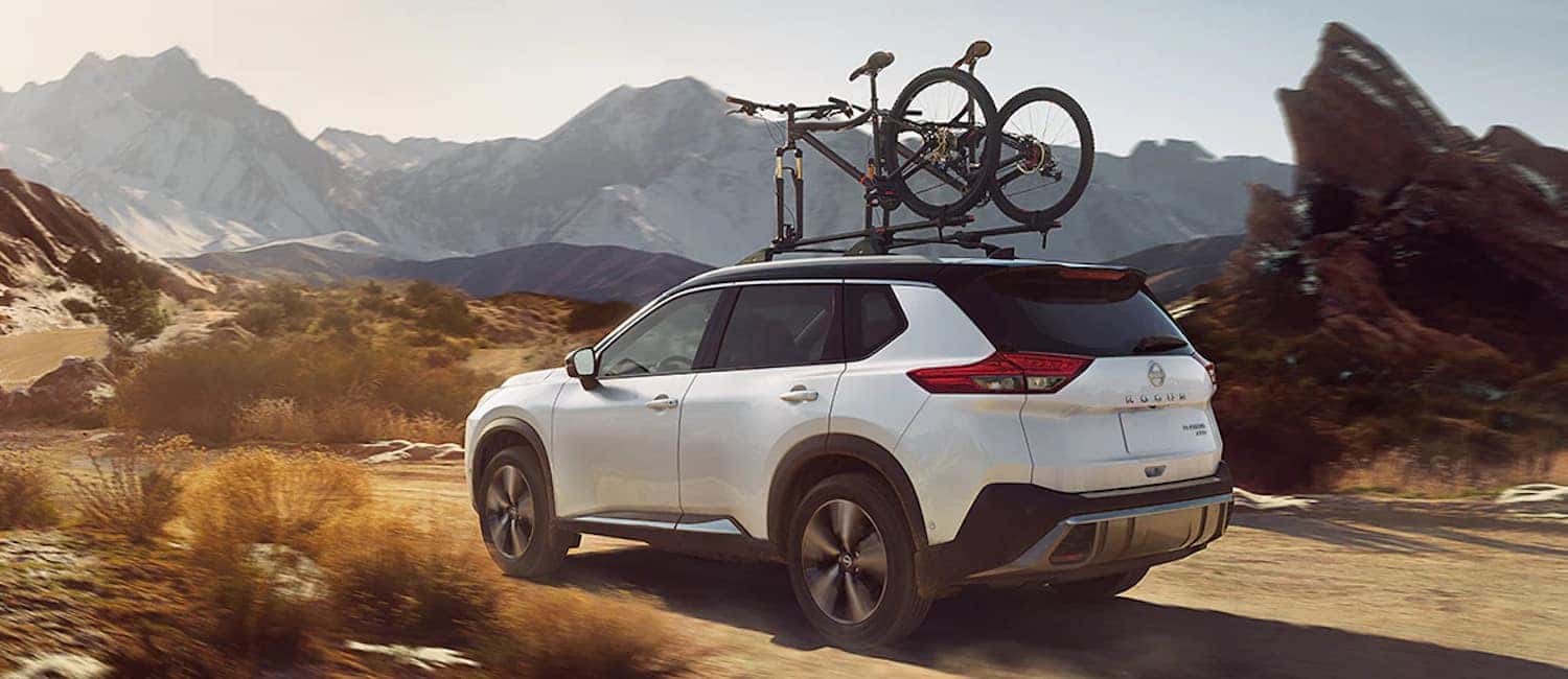 White Rogue in Dessert with Bikes on Roof