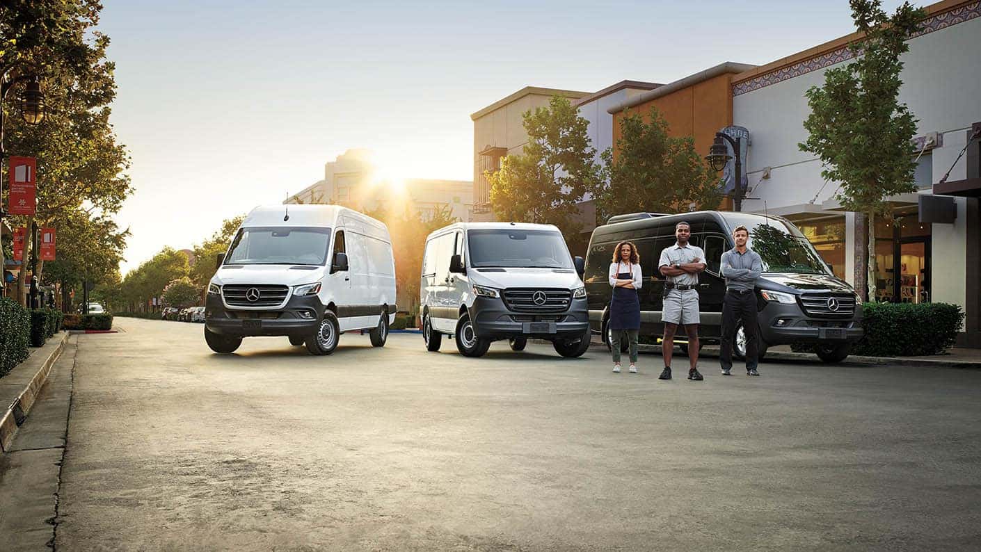 Mercedes-Benz Sprinter vans parked at a worksite for commercial business use