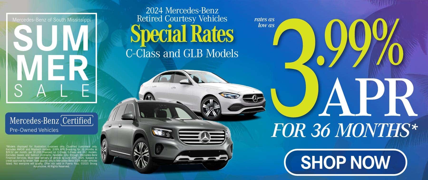 Retired Courtesy Vehicles Special Rates on 2024 C-Class and GLB Models Rates As Low As 3.99% APR for 36 months*