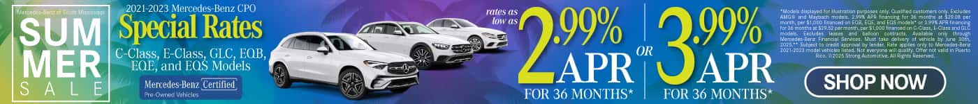 Certified Pre-Owned Special Rates on 2021-2023 C-Class, E-Class, GLC, EQB, EQE, and EQS Models Rates As Low As 2.99% APR for 36 months* OR 3.99% APR for 36 Months**