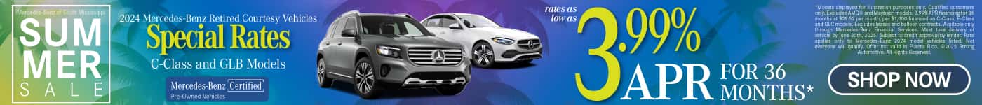 Retired Courtesy Vehicles Special Rates on 2024 C-Class and GLB Models Rates As Low As 3.99% APR for 36 months*