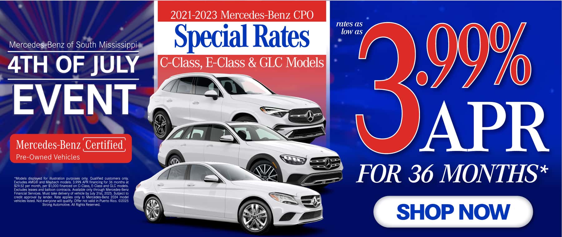 Certified Pre-Owned Special Rates on 2021-2023 C-Class, E-Class, and GLC Models Rates As Low As 3.99% APR for 36 months*