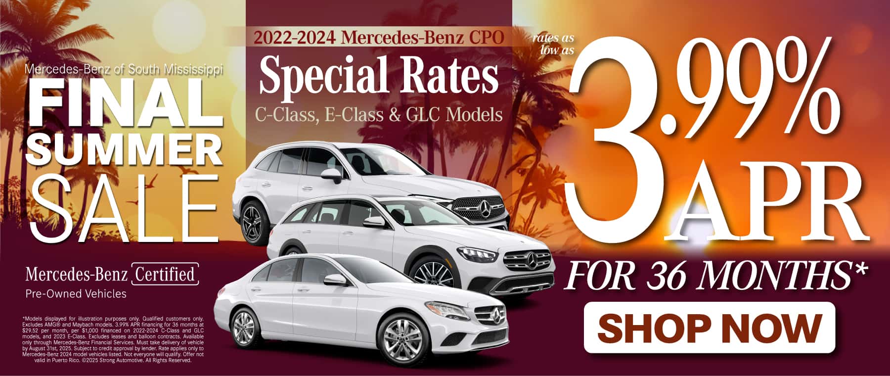 Certified Pre-Owned Special Rates on 2022-2024 C-Class, E-Class, and GLC Models Rates As Low As 3.99% APR for 36 months*
