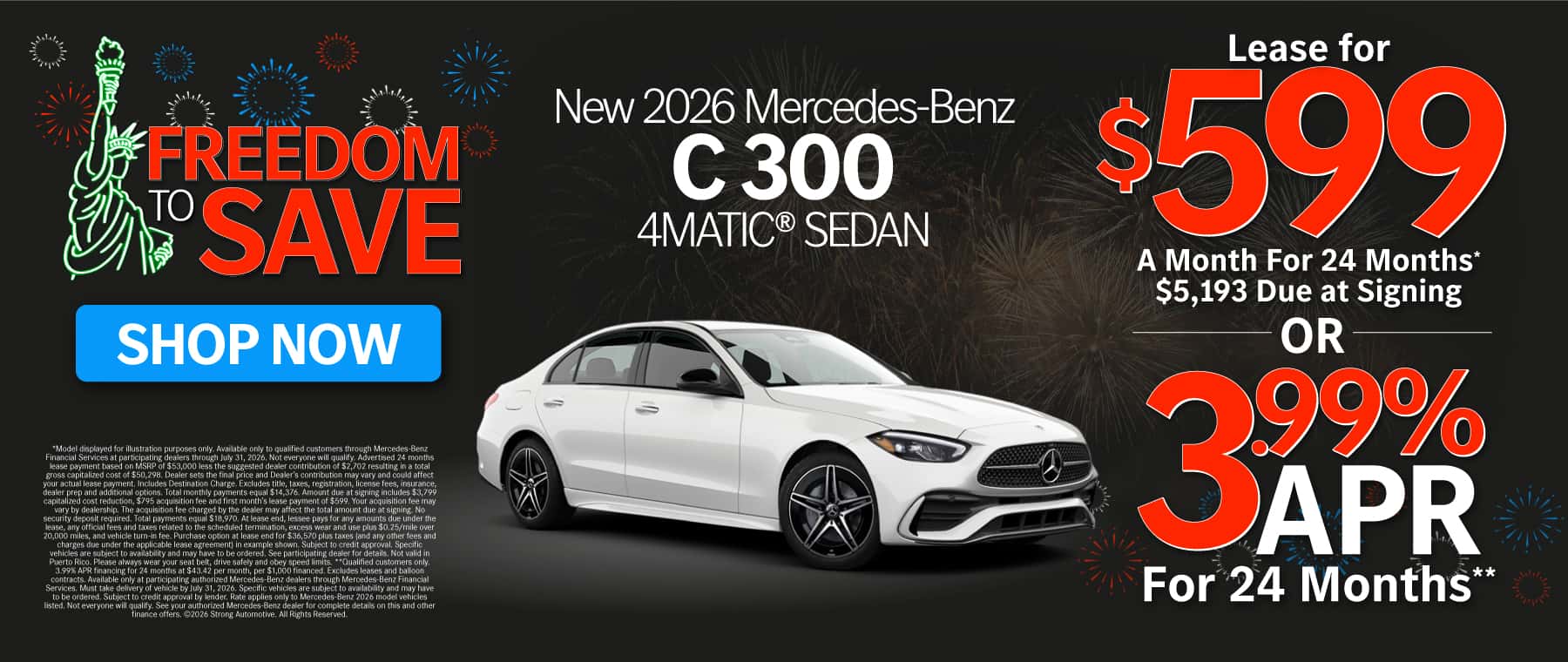New 2026 Mercedes-Benz C 300 4MATIC® Sedan Lease for $599/Mo. for 24 Mo.* $5,193 Due at Signing or 3.99% APR for 24 Months**