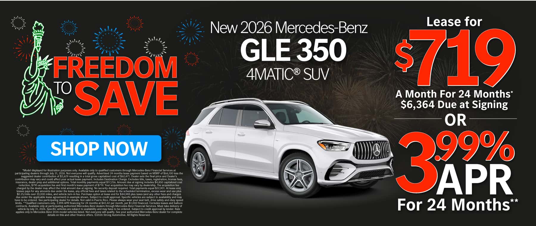 New 2026 Mercedes-Benz GLE 350 4MATIC® SUV Lease for $719/Mo. for 24 Mo.* $6,364 Due at Signing or 3.99% APR for 24 Months**