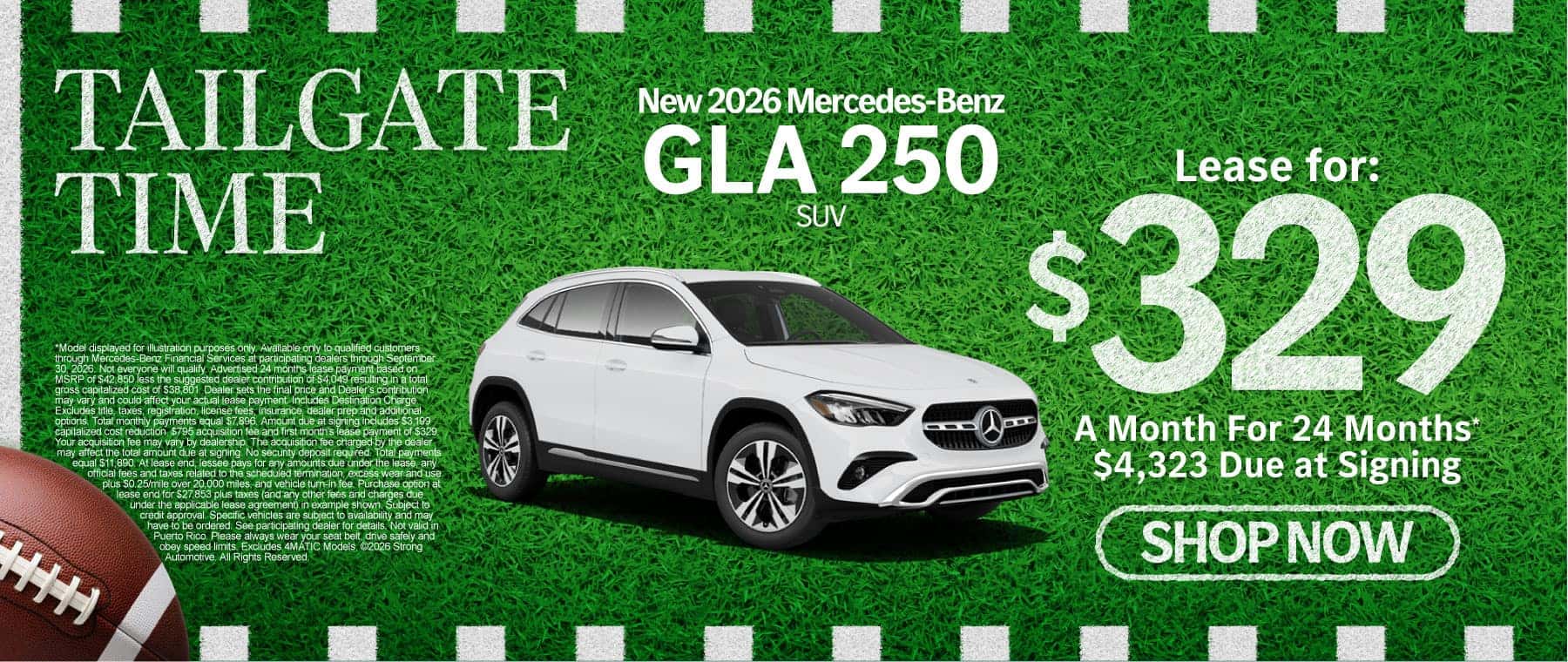 New 2026 Mercedes-Benz GLA 250 SUV Lease for $329/Mo. for 24 Mo.* $4,323 Due at Signing