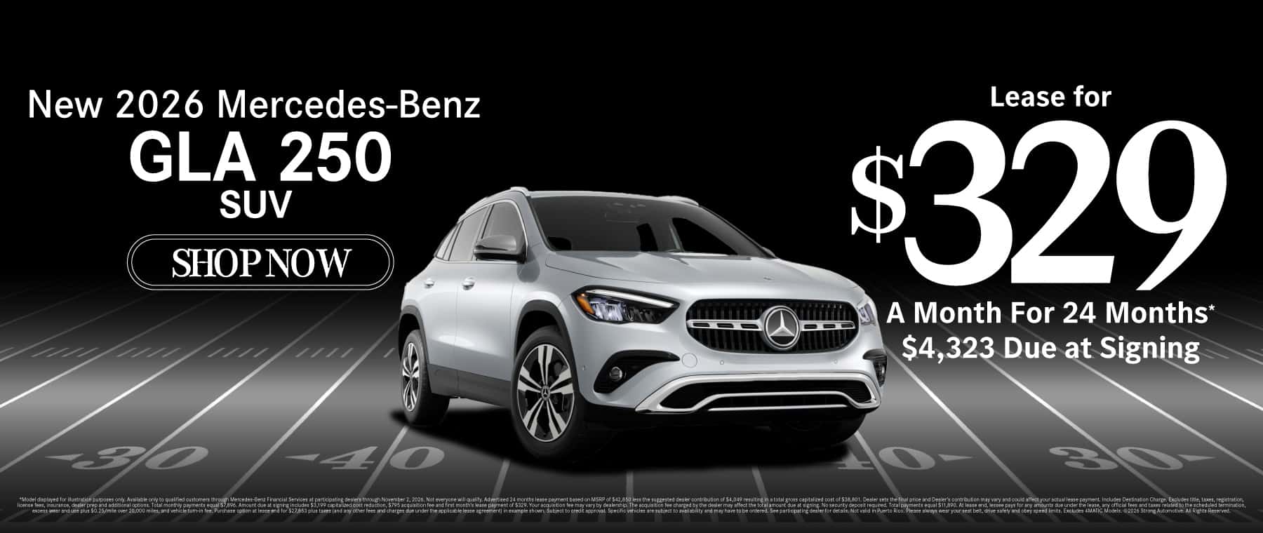 New 2026 Mercedes-Benz GLA 250 SUV Lease for $329/Mo. for 24 Mo.* $4,323 Due at Signing