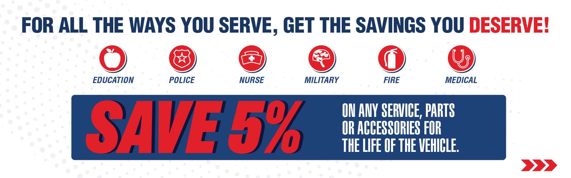 For all the ways you serve, get the savings you deserve. Save 5 % on any service, parts or accessories for the life of the vehicle.