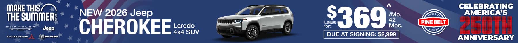 2026 Jeep Cherokee lease for $369 per month for 42 months with $1,240 down
