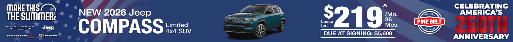 2026 Jeep Compass lease for $219 per month for 36 months with $3,999 down