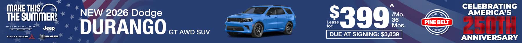 2026 Dodge Durango lease for $399 per month for 36 months with $2,050 down