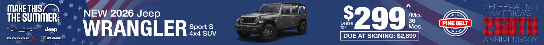 2026 Jeep Wrangler Unlimited lease for $299 for 36 months per month with $1,210 down