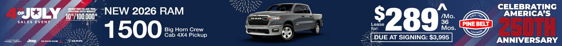 2026 Ram 1500 lease for $289 per month 36 for months with $4,320 down