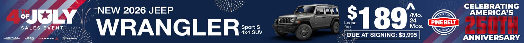 2026 Jeep Wrangler Unlimited lease for $189 for 24 months per month with $2,416 down