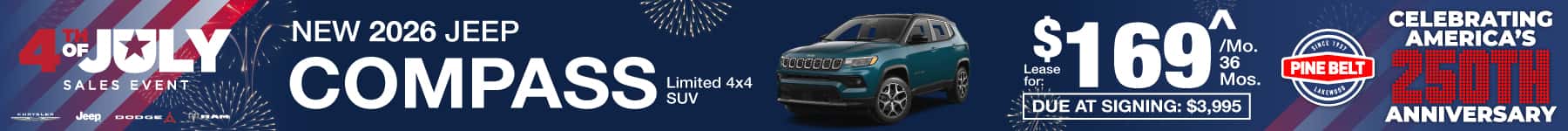 2026 Jeep Compass lease for $169 per month for 36 months with $1,836 down