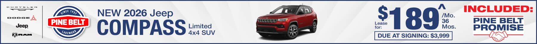 2026 Jeep Compass lease for $189 per month for 36 months with $1,820 down