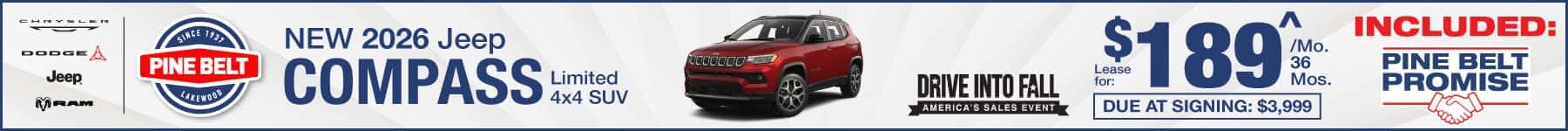 2026 Jeep Compass lease for $189 per month for 36 months with $1,820 down