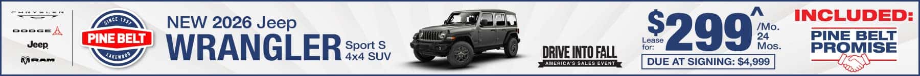 2026 Jeep Wrangler Unlimited lease for $299 for 24 months per month with $3,310 down