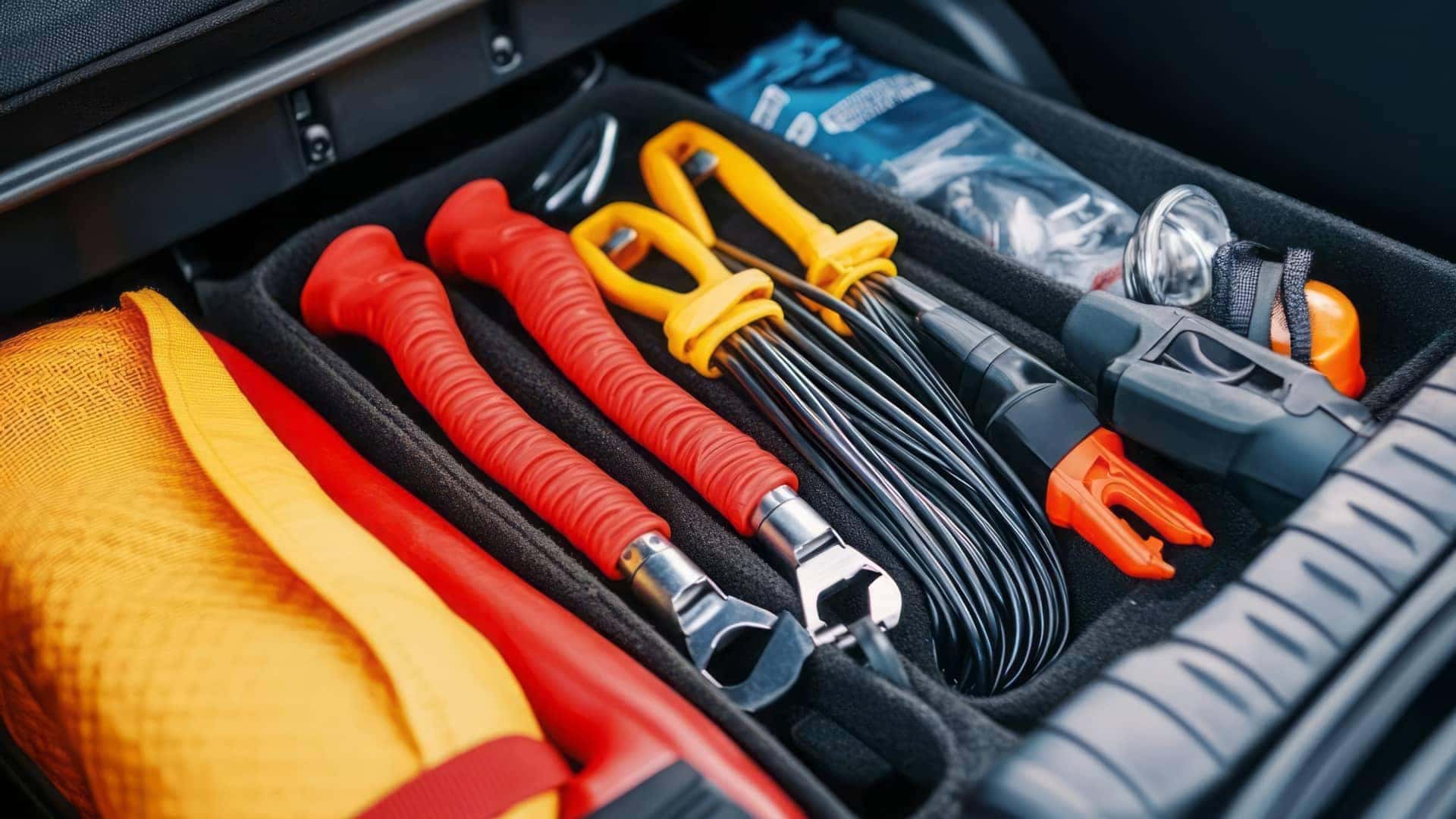 jumper cables and other emergency supplies neatly organized in trunk