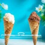 one vanilla and one chocolate ice cream cone in front of a bright blue wall with flower pots