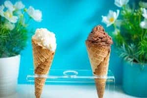 one vanilla and one chocolate ice cream cone in front of a bright blue wall with flower pots