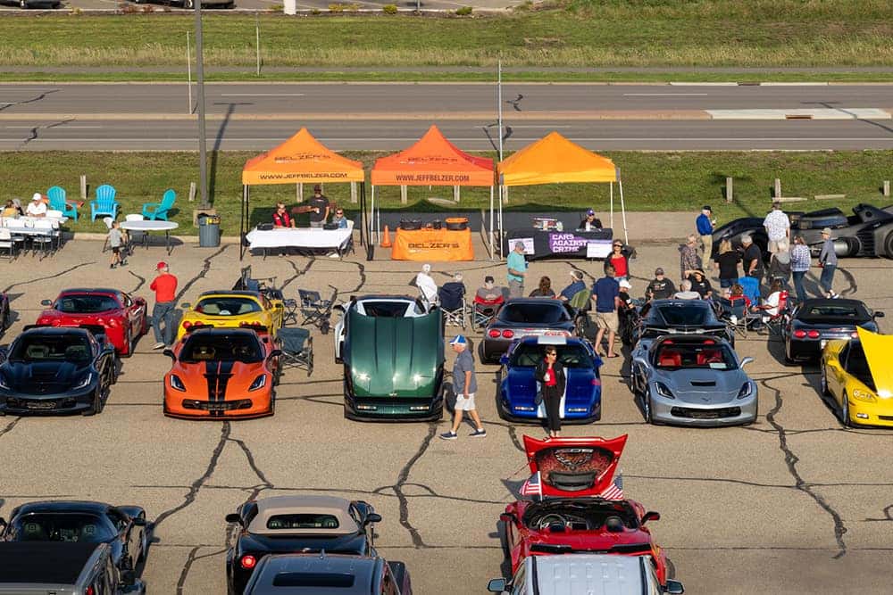 Aerial View of Car Lineup at Car Show