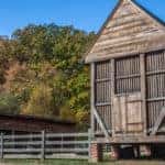 Farm buildings at Mount Vernon with fall trees in the background