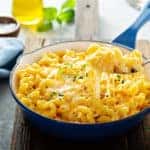 Baked mac and cheese in a cast iron pan