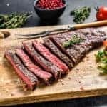 A photo taken from above of a London Broil, a sliced flank steak.