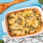 Broccoli gratin in a baking dish, top view.