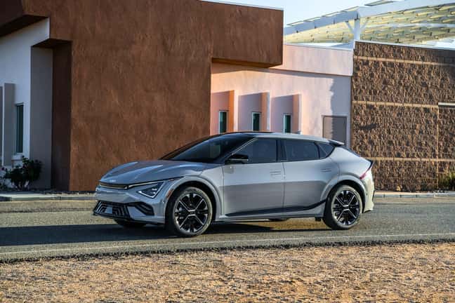 The New 2025 KIA EV6 parked in front of a modern building
