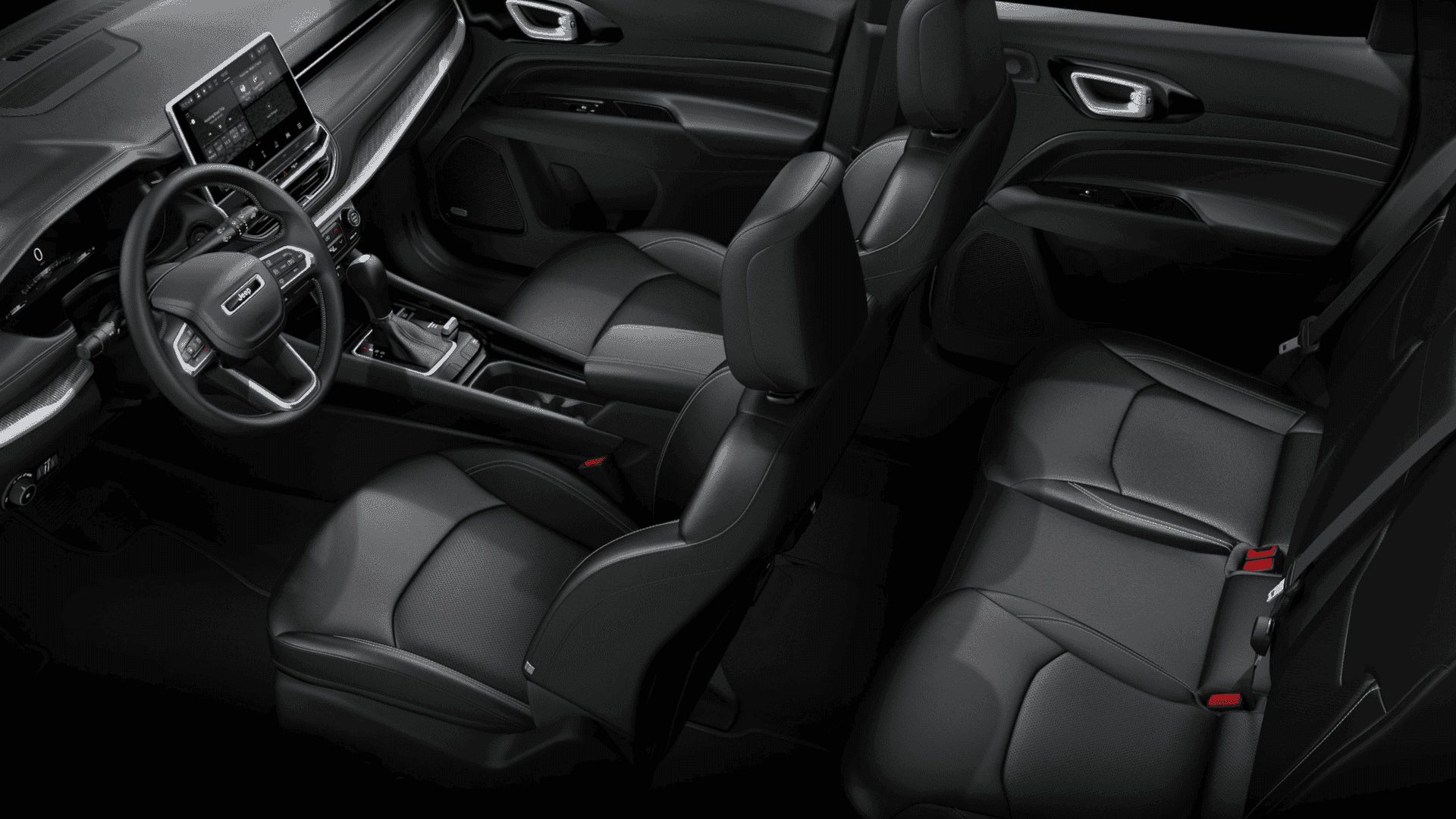 2025 Jeep Compass interior with black leather seating and modern dashboard layout