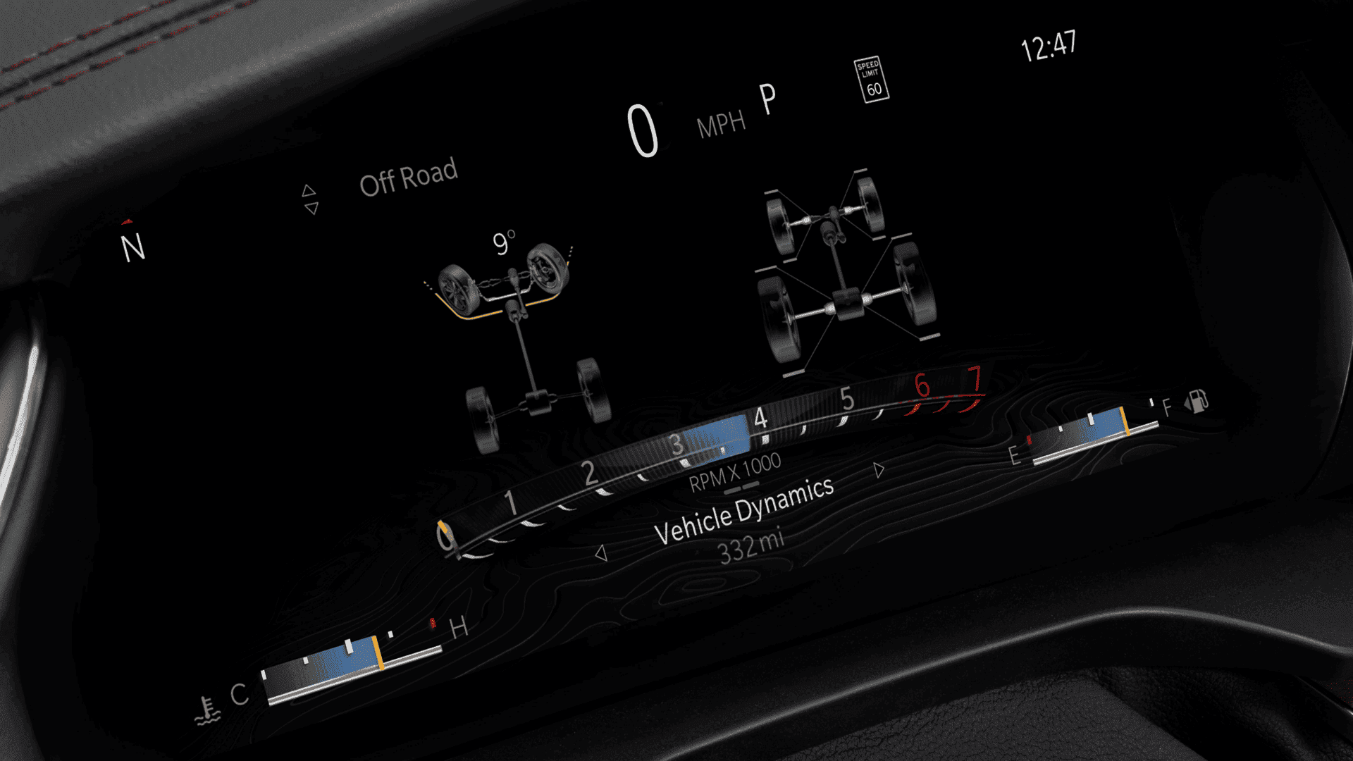 Close-up of the 2025 Grand Cherokee L digital cluster showing off-road vehicle dynamics