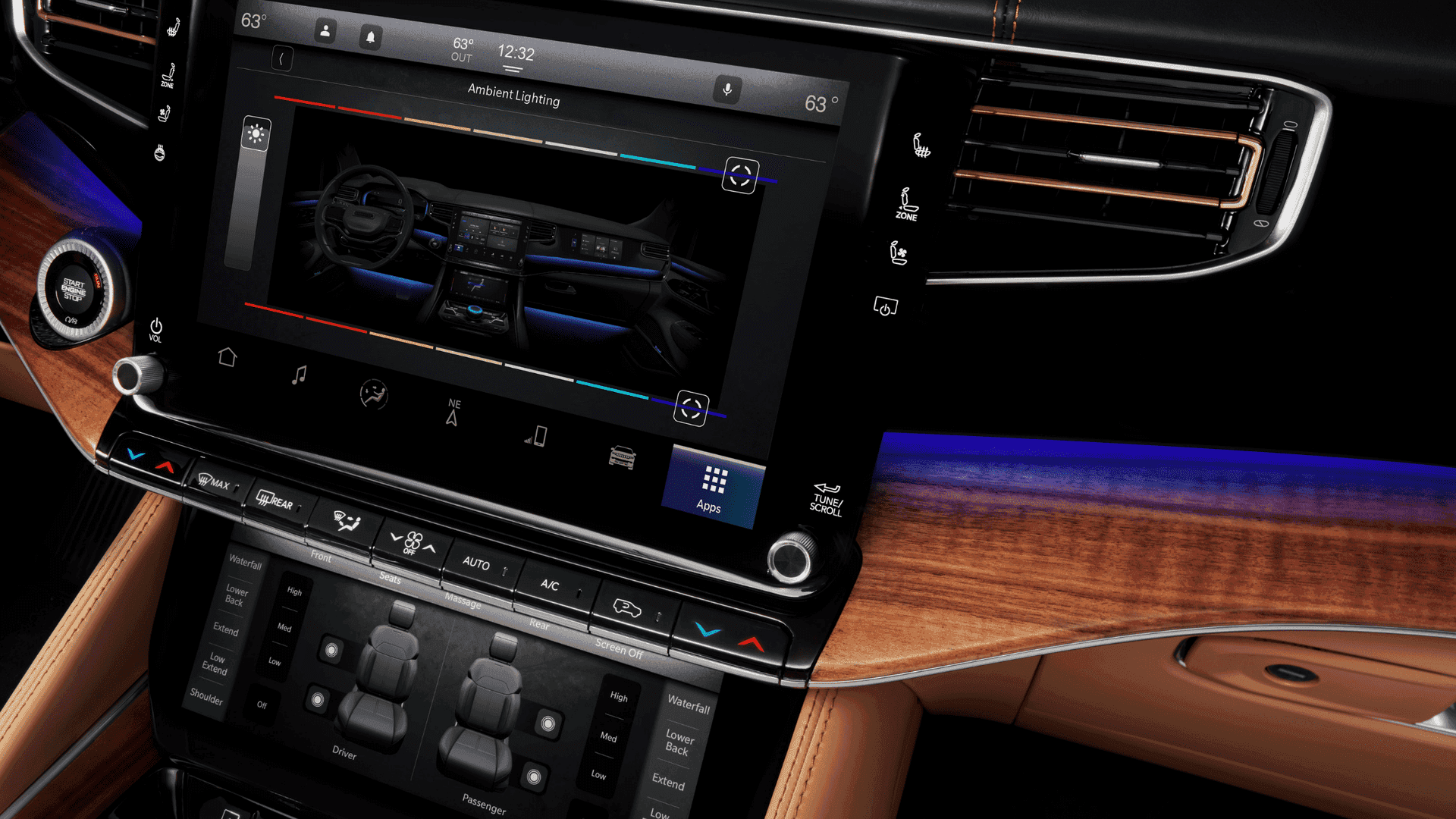 Close-up of Grand Wagoneer touchscreen with ambient lighting and seat massage controls