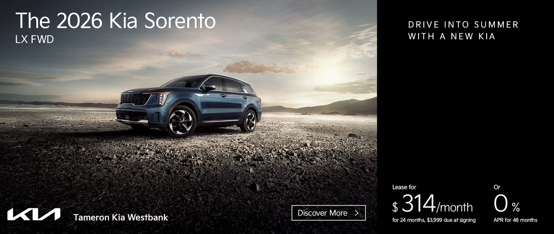 2026 Kia Sorento LX FWD Lease for $314/month 24 months $3,999 due at signing or 0% APR for 48 months