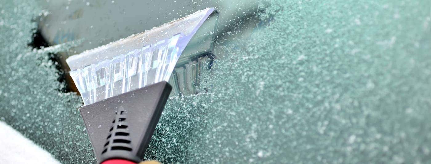 Close up footage of a car windshield, frost on the windshield of