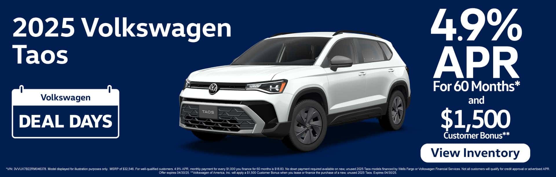 2025 Volkswagen Taos 4.9% APR for 60 months* and $1,500 Customer Bonus**