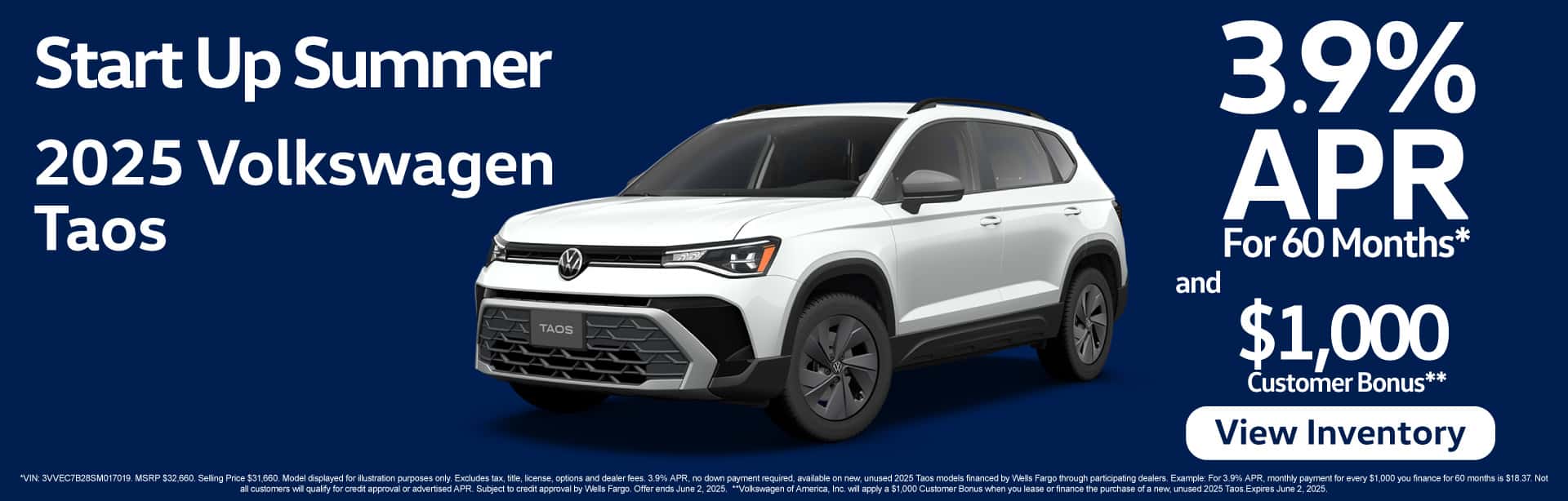 2025 Volkswagen Taos "3.9% APR* for 60 months or $1,000** Customer Bonus"