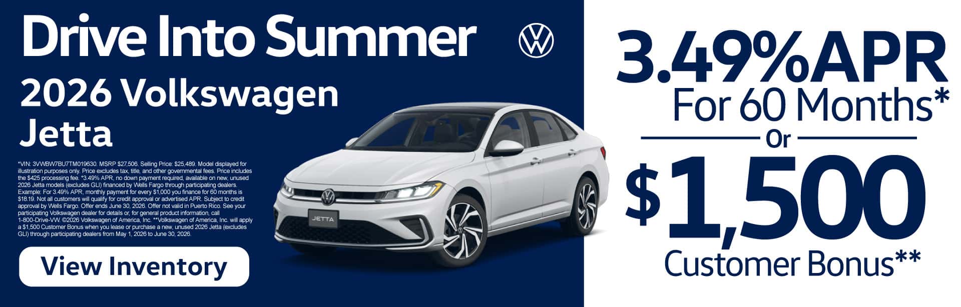 2026 Volkswagen Jetta - 3.49% APR for 60 months* or $1,500 Customer Bonus**